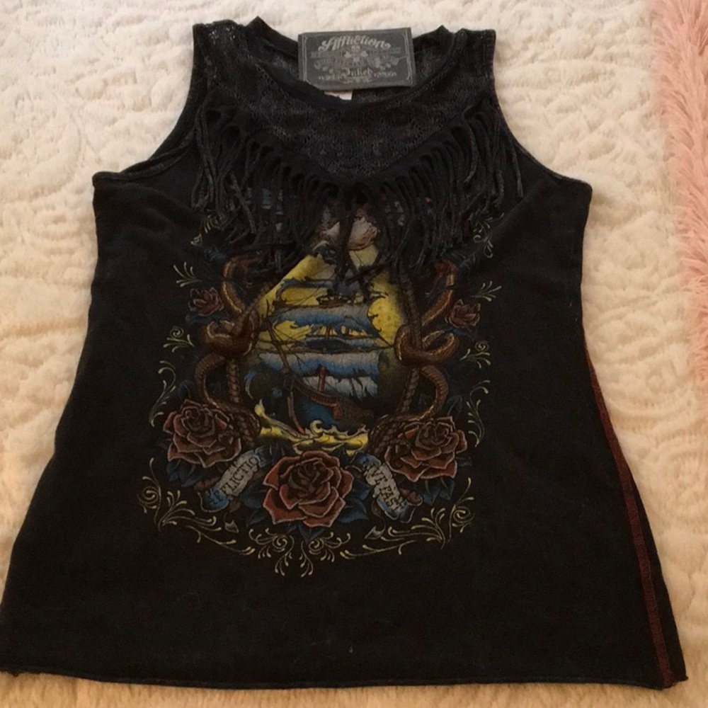 NWT affliction fringe and lace detail tank